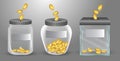 set of realisitic transparent money jar for tips or money box glass transparent for donations. 3D Render..
