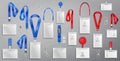 Set of realistic badges id cards on blue and red lanyards with strap clips, cord and clasps vector