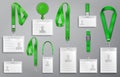 Set of realistic badges id cards on green lanyards with strap clips, cord and clasps vector Royalty Free Stock Photo