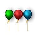 Set of realistic balloons matte blue, red and blue translucent colors, floating helium balls on golden ribbons with shadows, 3D Royalty Free Stock Photo