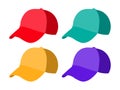 Set of realistic baseball cap templates. Colorful hat Vector illustration.