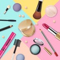 Set of realistic beauty decorative cosmetics and makeup tools beauty. Powder, concealer, eye shadow brush, blush Royalty Free Stock Photo