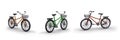 Set of realistic bikes in different colors. 3D bicycles with baskets Royalty Free Stock Photo