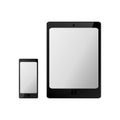 Set of realistic black electronic technology devices with empty white screen. tablet, mobile phone, smartphone modern digital gadg Royalty Free Stock Photo