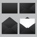 Set of realistic black envelopes mockup. Realistic black envelopes in different positions. Folded and unfolded envelope mockup.