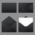 Set of realistic black envelopes mockup. Realistic black envelopes in different positions. Folded and unfolded envelope mockup.