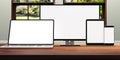 Set of realistic blank monitors. Computer monitor, laptop, tablet and smartphone on wooden desk, nature out of the window. 3d illu Royalty Free Stock Photo