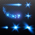 Set of realistic blue light glares, bright sparkles, glitter shining stars for Christmas and New Year Royalty Free Stock Photo