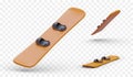 Set of realistic boards for snowboarding. Deck with binding foot pads