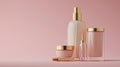 Bottles for cosmetic products. Design of beautiful glass peach beige packaging with gold cap on pink background