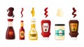 Set Realistic Bottles Sauces with Labels. Dressing BBQ, Soy, Hot Chili, Mayonnaise Spicy Condiments with Spilled Strips Royalty Free Stock Photo