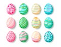 set of realistic bright Easter eggs. Isolated design element on white background. Holiday objects with hand-drawn ornament pattern Royalty Free Stock Photo