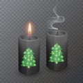 Set of realistic candles of black color with a shiny coating in the shape of a Christmas tree, Christmas candles burning and Royalty Free Stock Photo