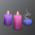 Set of Realistic candles, Burning pink purple and blue of colors and an extinct candle on dark background, vector illustration Royalty Free Stock Photo