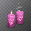 Set of realistic candles of pink color with a shiny coating of hearts, suitable for a romantic dinner, candles burning and Royalty Free Stock Photo