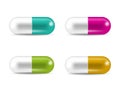 Set of realistic capsule shaped pills and drugs.