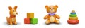 Set of realistic children toys. Multicolored pyramid, cubes, bear, dog