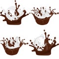 Set of realistic chocolate and milk splashes isolated on white background. Vector illustration Royalty Free Stock Photo