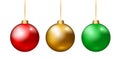 Set of realistic Christmas decoration balls, red, gold and green on a string. Transparent background Royalty Free Stock Photo