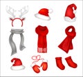 Set of realistic Christmas decorations. Santa`s hat, gloves, sca Royalty Free Stock Photo