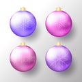 Set of realistic Christmas or New Year transparent Baubles, spheres or balls in bright purple colors with golden caps, snowflakes Royalty Free Stock Photo