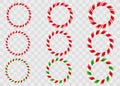 Set of realistic circular frames with a glossy red-and-white candy cane pattern. Festive holiday borders ideal for creating Royalty Free Stock Photo