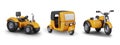 Set of realistic colored vehicles. Farm tractor, autorickshaw, tricycle with sidecar Royalty Free Stock Photo