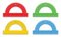 Set of realistic colorful protractors with 6 inch ruler icon. Math measure tool. Instrument for measuring angles. School supplies.