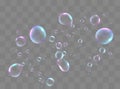 Set of realistic colorful soap bubbles to create a design. Transparent realistic soap bubbles isolated on transparent