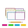 Set of realistic colorful spiral notebook with pencil and colored rubber erasers isolated on white background. Design elements for