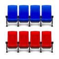 Set of realistic comfortable movie chairs for cinema theater. Cinema empty red and blue seats. Vector illustration