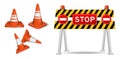 Set of realistic cone traffic isolated or road work safety sign to indicate accident or red striped white road mark. Royalty Free Stock Photo