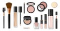 Set of realistic cosmetic makeup products. Blank template of containers for face cosmetic, eyeshadow, lipstick, brush