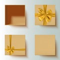 Set of realistic craft paper gift boxes with decorative gold bow, open, closed, vector illustration