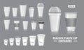 Set of Realistic Cup Containers, with clear plastic in disposable cups, for   soda, tea, coffee, and other cold beverages. Royalty Free Stock Photo