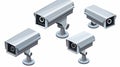 The set of realistic 3D CCTV cameras is isolated on a white background. A pixel realistic image of a video camera. This Royalty Free Stock Photo
