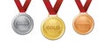 A set of Realistic 3d Champion Gold silver and bronze medal with red ribbon Royalty Free Stock Photo