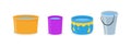 Set of realistic 3d colored empty plastic buckets with handle. The bucket is empty and filled with water. Water pails.