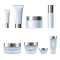 Set realistic 3d cosmetic package cream jar tubes. Light blue silver metallic containers glass plastic isolated