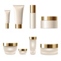 Set realistic 3d cosmetic package cream jar tubes. Light yellow beige gold metallic containers glass plastic isolated