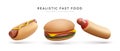 Set of realistic 3d flying burger and hotdogs isolated on white background. Vector illustration