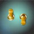 Set Realistic 3d golden toggle switches. On and off. Gilded or brass switcher design. Vector illustration