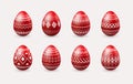 Set of realistic 3d red ornate traditional Easter Eggs with white geometric pattern. - Vector illustration Royalty Free Stock Photo