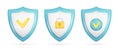 Set of realistic 3d security safe icon with padlock, checkmark. Customer 3d glossy guaranteed protection symbol, quality protected