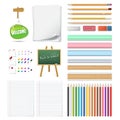 Set of realistic 3d wooden colored pencils, push pins, erasers, Royalty Free Stock Photo