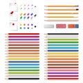 Set of realistic 3d wooden colored pencils, push pins, papers an Royalty Free Stock Photo