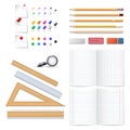 Set of realistic 3d wooden colored pencils, push pins, papers, r Royalty Free Stock Photo