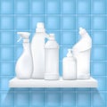 Set of realistic detergent product stay on shelf. ceramic tile background. Mock up plastic bottle and packge. Household chemicals