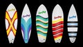 Set Realistic Different Surfboards With Colorful Abstract Pattern Isolated