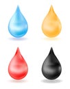 Set of realistic drops, yellow, blue, red, black. 3d drop isolated on white background. Water, blood, oil, honey. Vector Royalty Free Stock Photo